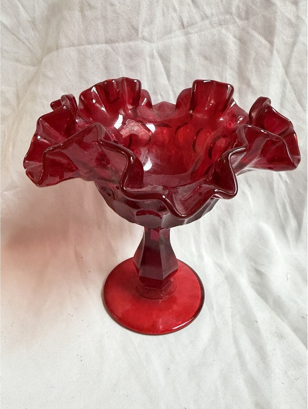 Vintage Ruby Red Hobnail Ruffled Compote Pedestal Candy Dish 6” Tall Glass